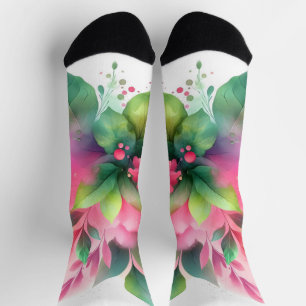 Calcetines Botánico Floral Acuarela Rosa Verde