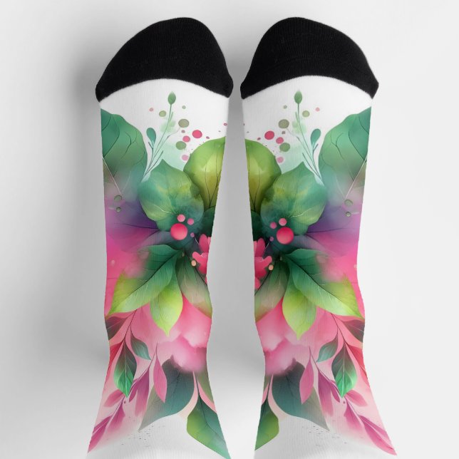 Calcetines Botánico Floral Acuarela Rosa Verde (Arriba)