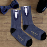 Calcetines Bridesman Navy Blue Tuxedo Gatsby Wedding Favor<br><div class="desc">¿Quién no querría calcetines como agradecimiento por ser tu Bridesman? Con un conjunto de esmoquin azul marino y blanco de medianoche y espacio para su nombre y su fecha boda</div>