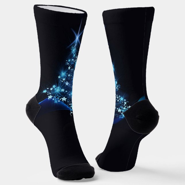 Calcetines Brillo azul de estrellas en árbol de Navidad oscur (Angular)