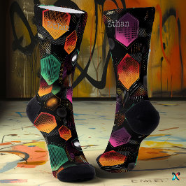 Calcetines Brillo hexagonal abstracto en magenta naranja sobr