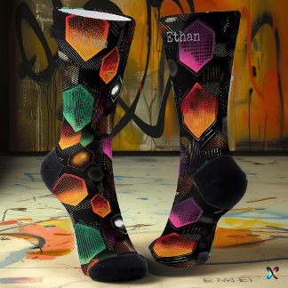 Calcetines Brillo hexagonal abstracto en magenta naranja sobr