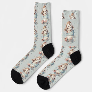 Calcetines Búho Durmiendo en Tazas de Té Florales Apiladas