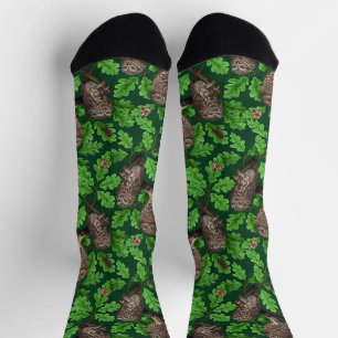 Calcetines Búhos en el bosque sobre verde oscuro