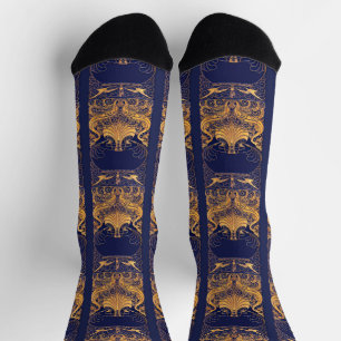 Calcetines Buque Antiguo,Delfines,Oro,Patrón Azul Marino 