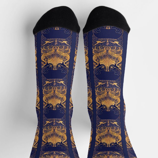 Calcetines Buque Antiguo,Delfines,Oro,Patrón Azul Marino  (Arriba)