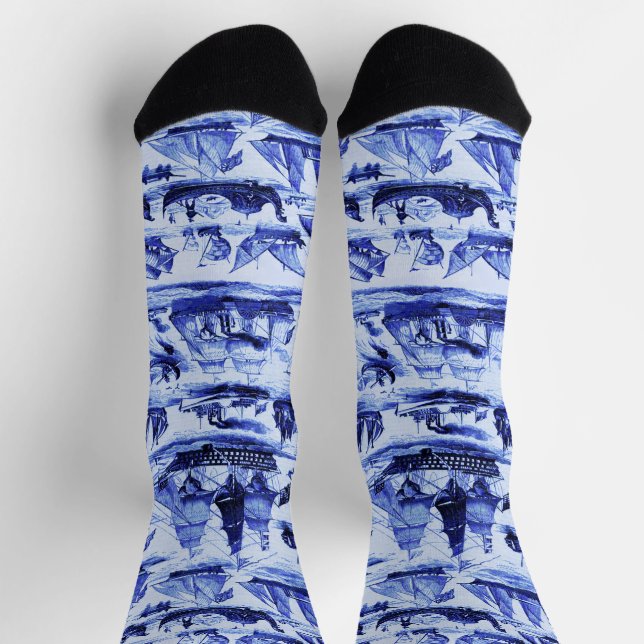 Calcetines BUQUES VINTAGE,EMBARCACIONES DE VELA, Patrón Azul  (Arriba)