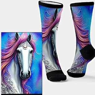 Calcetines Caballo de Fantasía, Crin Azul Malva Rosa con Enca