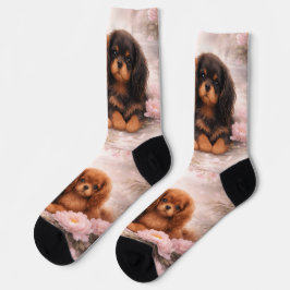 Calcetines cachorros Cavalier spaniel flor de primavera
