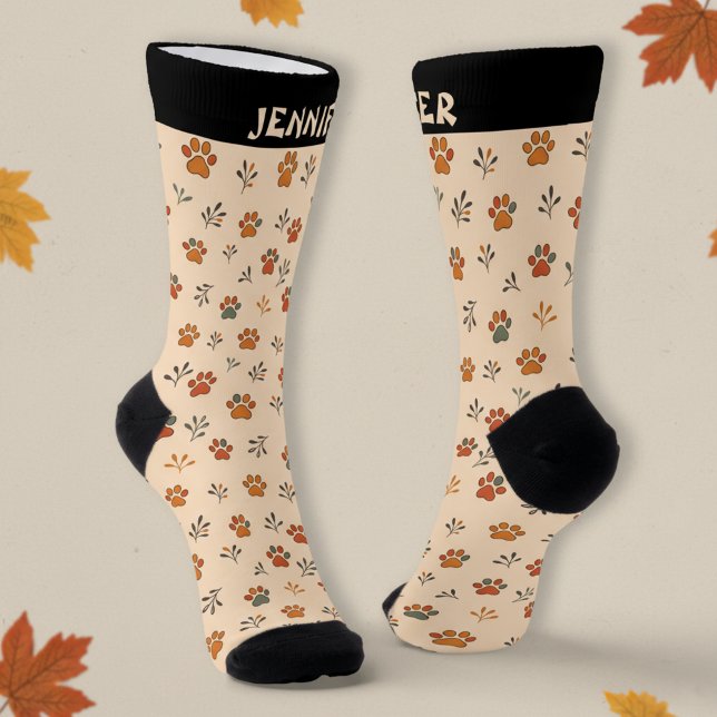Calcetines Caer los zócalos de impresión de traza con nombre  (🍂🐾 Fall inspired paw print socks with custom name!)