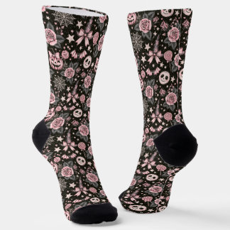 Calcetines Calabaza rosa y negra, patrón de telaraña y rosa
