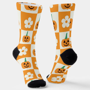 Calcetines Calabazas de Halloween a cuadros con flores retro