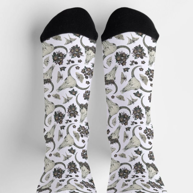 Calcetines Calavera animal gótica con patrón de flores (Arriba)