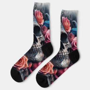 Calcetines Calavera con Rosas y pájaro azul