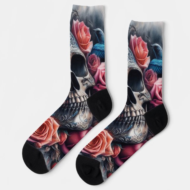 Calcetines Calavera con Rosas y pájaro azul (Izquierda)