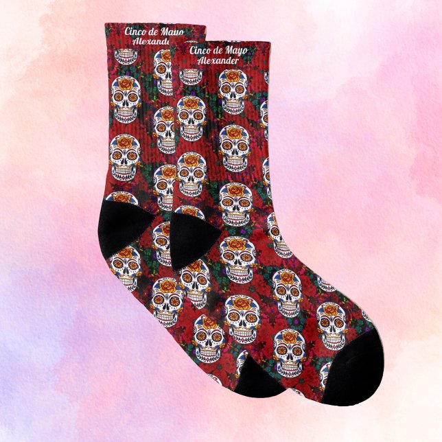 Calcetines Calavera de azúcar Cinco de Mayo Floral Roja Añadi (Subido por el creador)