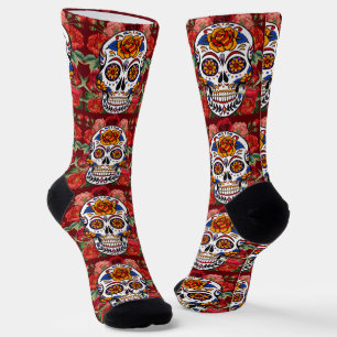 Calcetines Calavera de azúcar rosas rosadas rojas Fiestas Uni