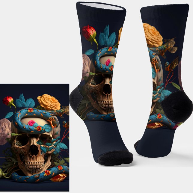 Calcetines Calavera de gótico, serpiente azul y flores en azu (Subido por el creador)