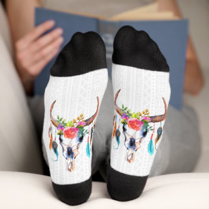 Calcetines Calavera De Toro Con Flores Y Pájaros