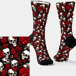 Calcetines Calaveras blancas de gótico y rosas rojas en negro
