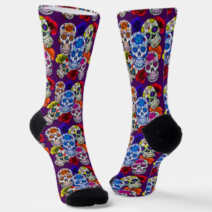 Calcetines Calaveras de Azúcar Rosas Coloridas Cinco Día de T