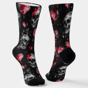 Calcetines Calaveras góticas de amor y corazones rojos