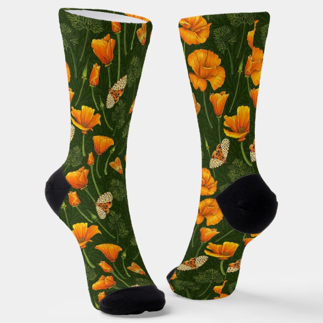 Calcetines California poppies and moths on dark green (Angular)
