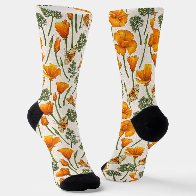Calcetines California poppies and moths on off white 2 (Angular)