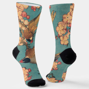 Calcetines Camachuelo de Hokusai y Flor de Cerezo Ave Vintage