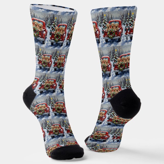 Calcetines Camioneta Roja de Navidad Cockapoo Fiesta (Angular)