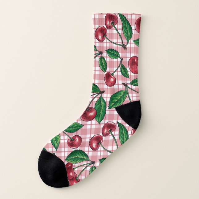 Calcetines Cerezas rojas en gingham rosa (Parte exterior derecha)