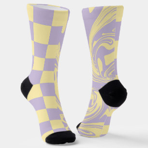 Calcetines Cheques y Swirls - Amarillo Pastel y Púrpura
