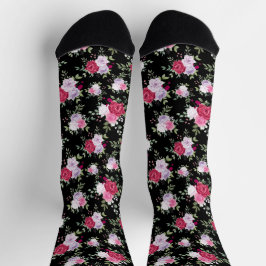 Calcetines Chic rojo y rosa Flor en negro elegante