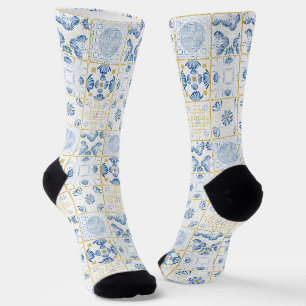 Calcetines Chinoiserie con mosaico geométrico Blue White Gold