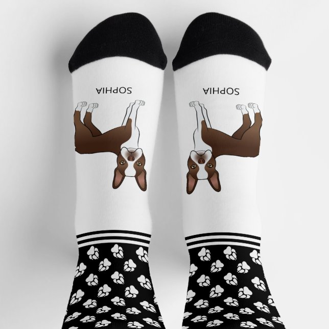 Calcetines Chocolate Brown Boston Terrier Con Nombre Y Palas (Arriba)