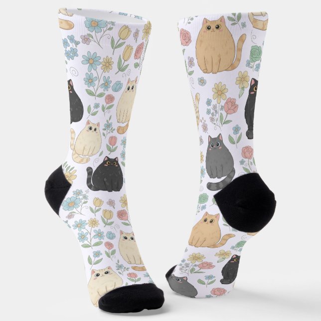 Calcetines Chubby Cute Cats and Pastel Flowers Pattern Socks (Angular)