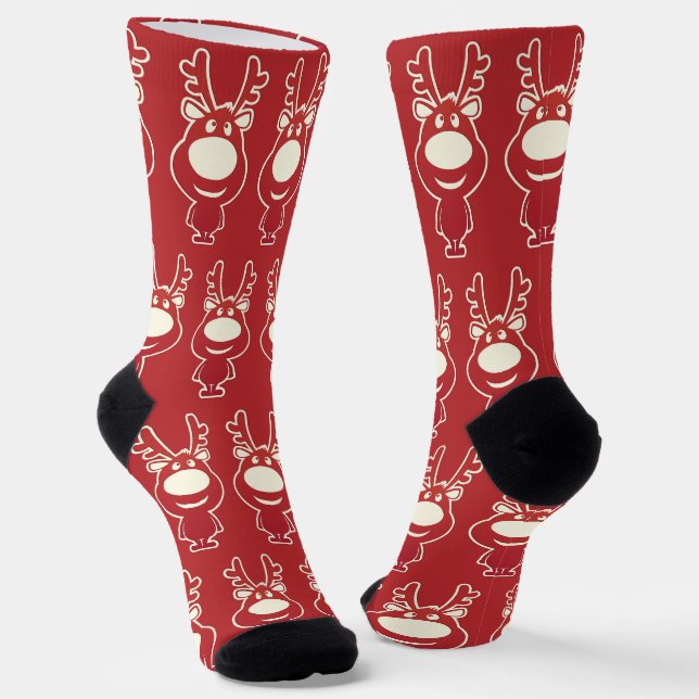 Calcetines Ciervo de dibujos animados patrón rojo (Angular)
