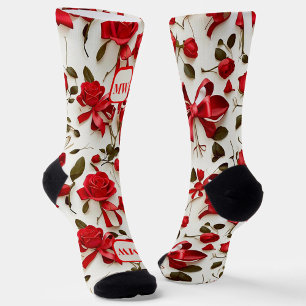 Calcetines Cintas elegantes de rosas rojas doblan monograma