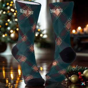Calcetines Clásico Cuadro Escocés de Navidad en Verde Azul y 