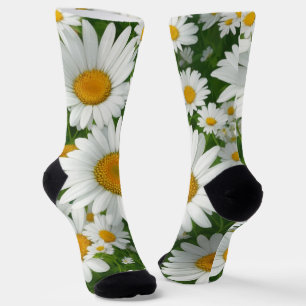 Calcetines Clásico patrón de margarita campo blanco floral ve