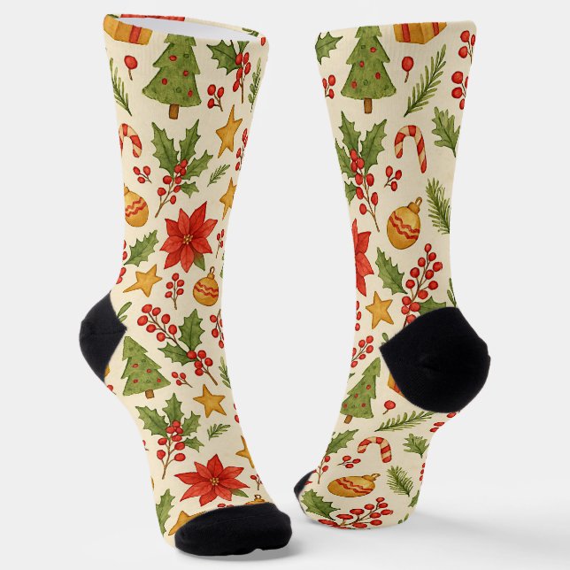 Calcetines Classic Botanical Poinsettia Floral Art Pattern (Angular)