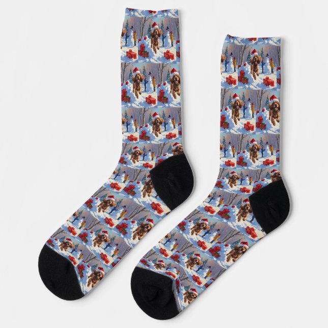 Calcetines Cocker Spaniel corriendo en Nieve con Gorra Navida (Izquierda)