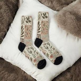 Calcetines Colcha de retazos verde y rosa Colcha rústica Boho