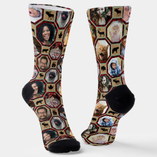 Calcetines Collage de fotos familiar Red Black Buffalo Plaid