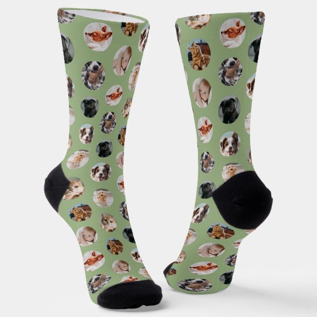 Calcetines Collage personalizado Cute 8-Photo Mascota | Sage  (Angular)