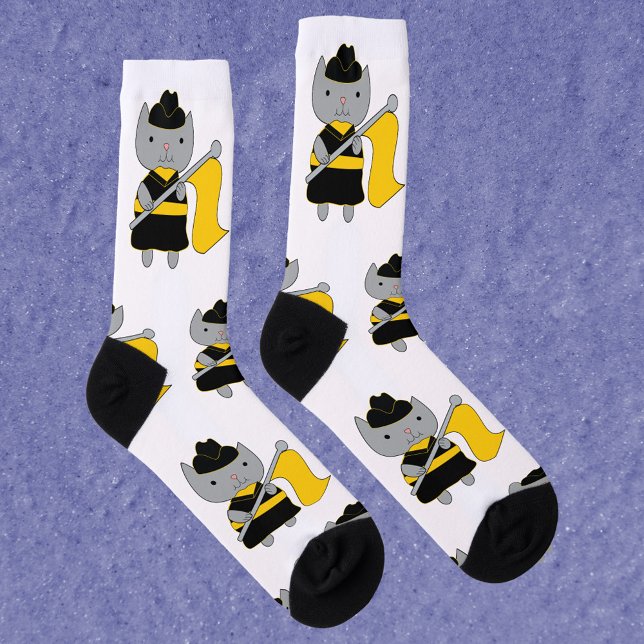 Calcetines Color Guard Gray Cat Black Yellow (A pair of socks featuring a gray cat wearing a black & yellow color guard uniform with a yellow flag)