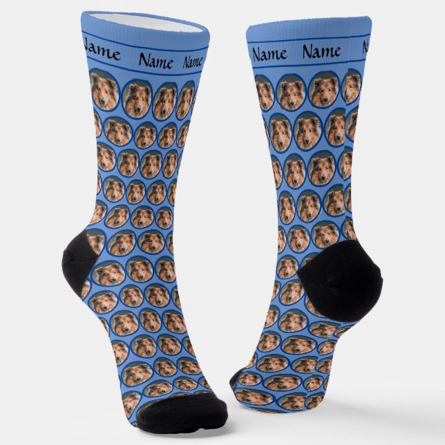 Calcetines con cara de perro y nombre en azul (Angular)
