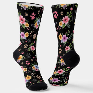 Calcetines con estampado floral y huellas de patas