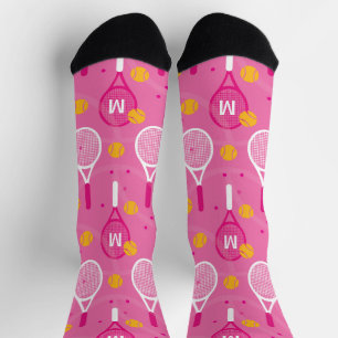 Calcetines Con monograma Patrón de raqueta de tenis rosa y bl