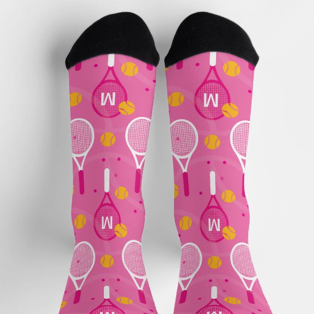 Calcetines Con monograma Patrón de raqueta de tenis rosa y bl (Arriba)